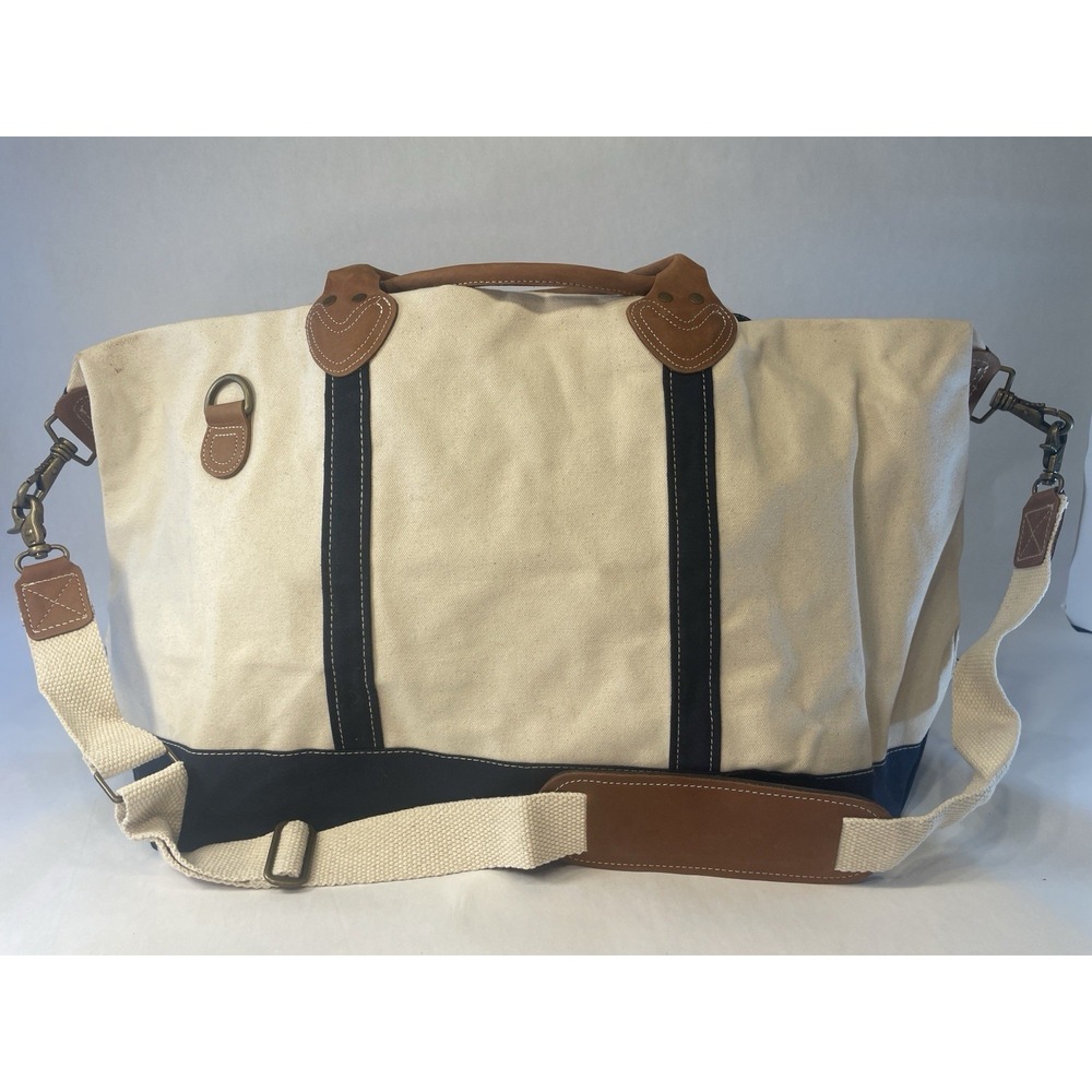 Shorebags Large Tote Canvas Bag Navy Blue Leather Handles 22"